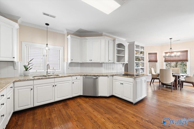 kitchen with visible vents, white cabinets, a sink, crown molding, and stainless steel dishwasher