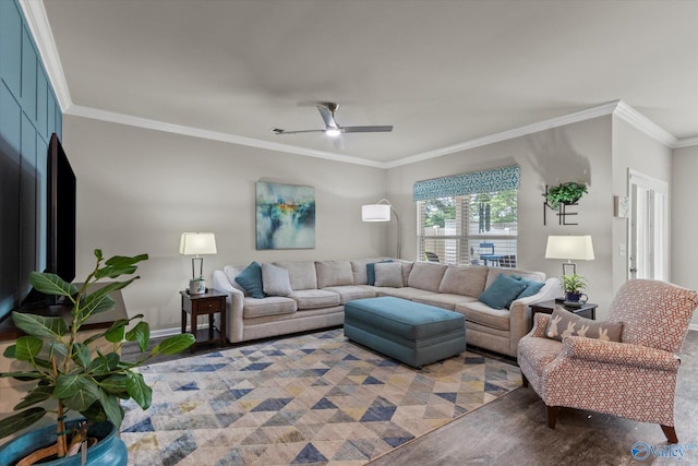 14930 Eva Cir, Athens, AL 35613 - living area featuring crown molding, ceiling fan, and wood finished floors