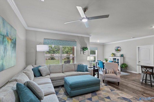 14930 Eva Cir, Athens, AL 35613 - living room with wood finished floors, ceiling fan, ornamental molding, and recessed lighting