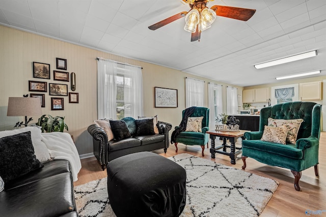 living room featuring ceiling fan and light hardwood / wood-style floors