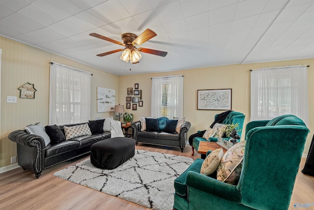 living room with light hardwood / wood-style floors, ceiling fan, and ornamental molding