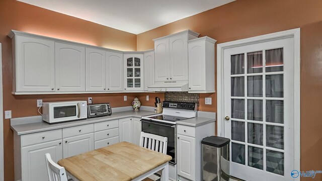 kitchen featuring white cabinetry, range with electric stovetop, and decorative backsplash