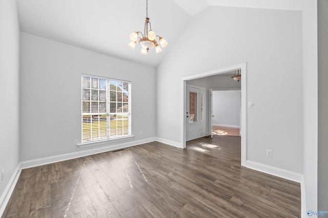 unfurnished dining area with high vaulted ceiling, a notable chandelier, and dark hardwood / wood-style floors