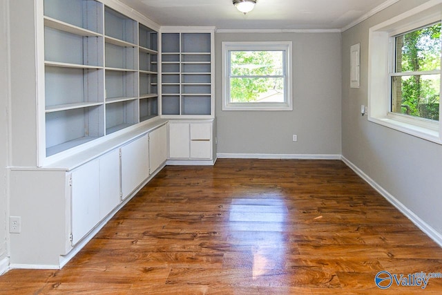 spare room with electric panel, dark hardwood / wood-style floors, and crown molding