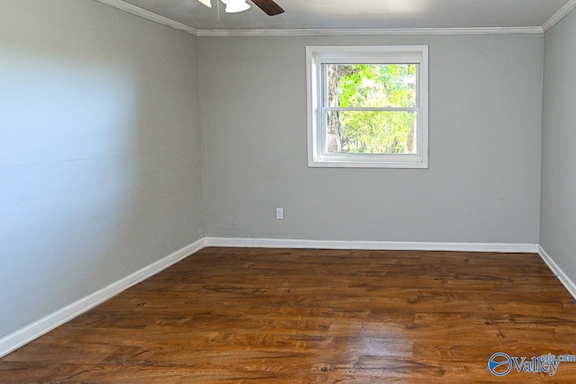 unfurnished room featuring ornamental molding, dark hardwood / wood-style flooring, and ceiling fan