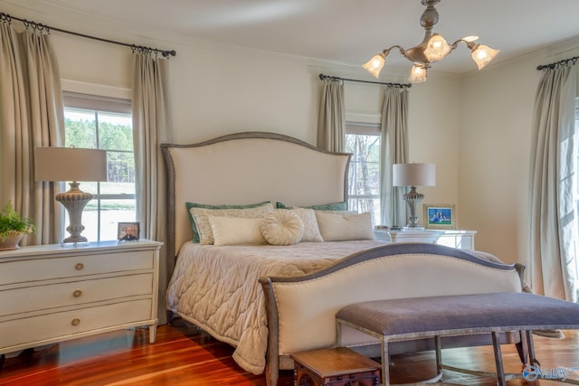 bedroom with dark hardwood / wood-style flooring and crown molding