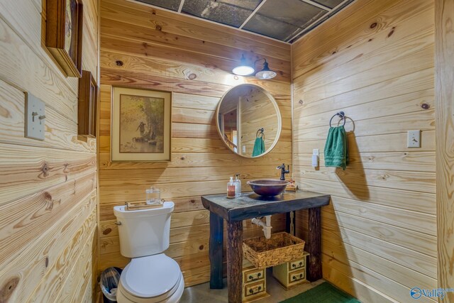 bathroom with sink, toilet, and wooden walls