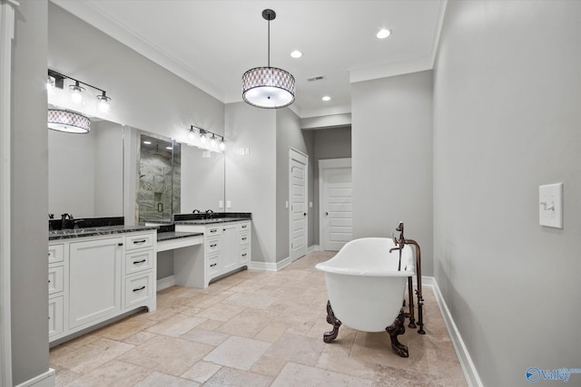 bathroom featuring separate shower and tub, vanity, and ornamental molding