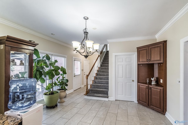 entrance foyer featuring an inviting chandelier, stairs, baseboards, and ornamental molding