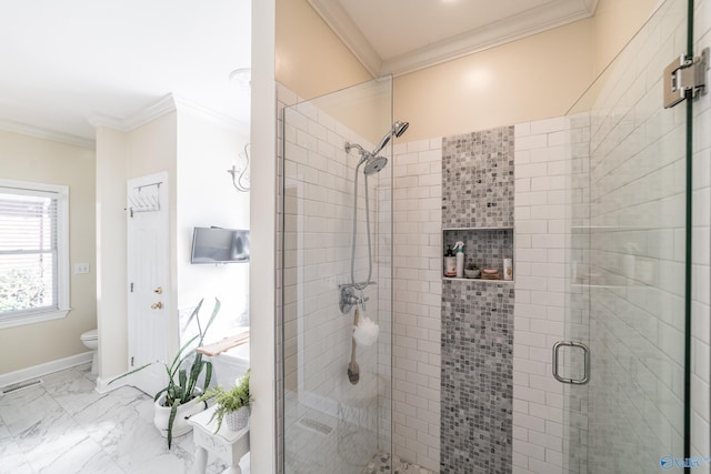 full bath featuring toilet, marble finish floor, a stall shower, ornamental molding, and baseboards