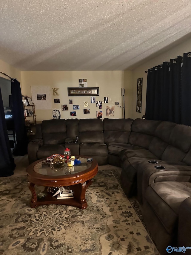 living room featuring lofted ceiling and a textured ceiling