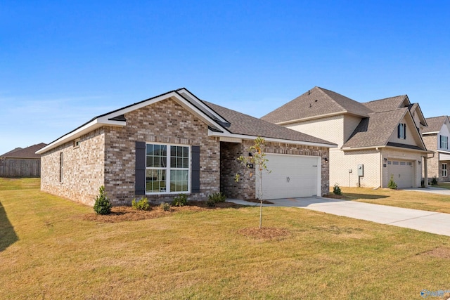 view of front of property featuring brick siding, concrete driveway, a front yard, roof with shingles, and an attached garage