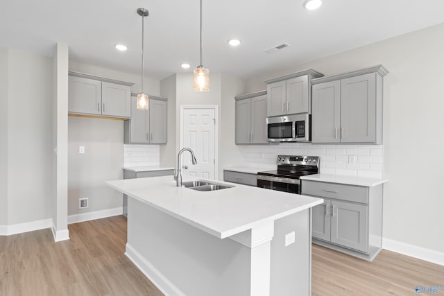 kitchen featuring visible vents, an island with sink, a sink, gray cabinetry, and stainless steel appliances