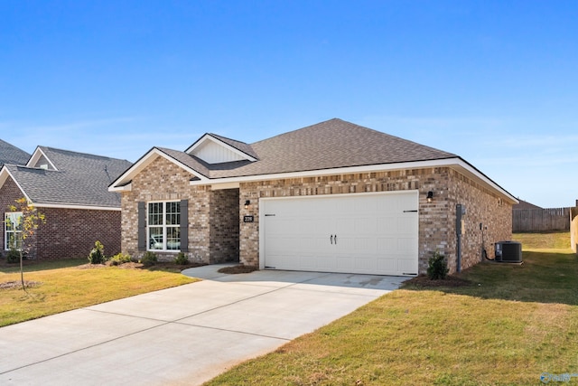 view of front facade with brick siding, a garage, concrete driveway, and a front lawn