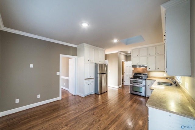 kitchen featuring white cabinetry, sink, dark hardwood / wood-style floors, and appliances with stainless steel finishes