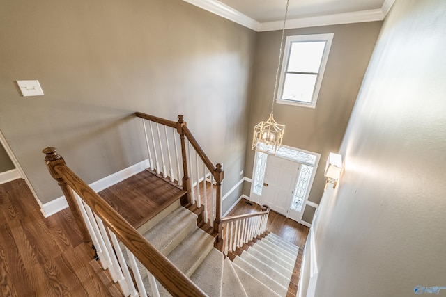 entryway featuring a chandelier, crown molding, and dark wood-type flooring