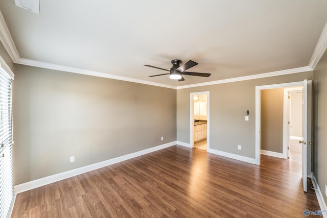 unfurnished bedroom with hardwood / wood-style floors, ensuite bath, ceiling fan, and crown molding