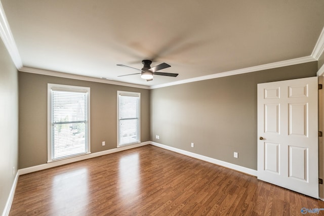 unfurnished room with wood-type flooring, ceiling fan, and ornamental molding