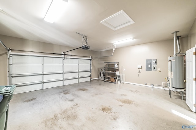 garage with electric panel, gas water heater, and a garage door opener