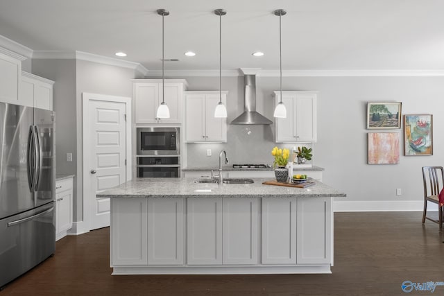 kitchen featuring a sink, wall chimney exhaust hood, dark wood finished floors, and stainless steel appliances