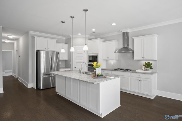 kitchen featuring white cabinets, stainless steel appliances, wall chimney range hood, and dark wood-style flooring