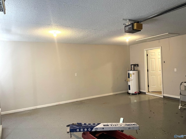 garage featuring water heater, baseboards, and a garage door opener