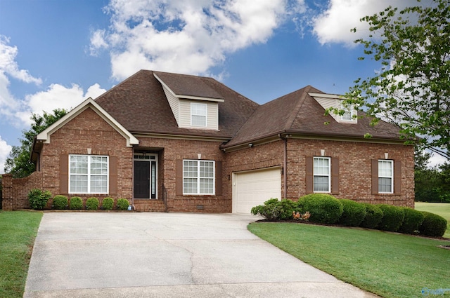 22656 Riviera Dr, Athens, AL 35613 - traditional-style house featuring brick siding, a front lawn, driveway, roof with shingles, and a garage