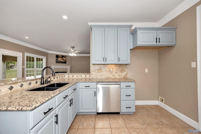 22656 Riviera Dr, Athens, AL 35613 - kitchen with dishwasher, a sink, a ceiling fan, tasteful backsplash, and ornamental molding