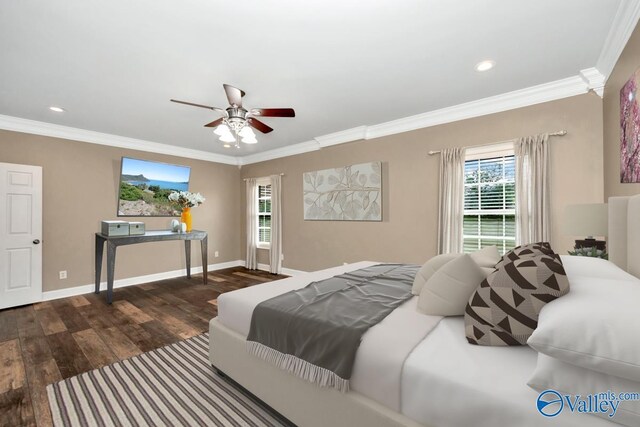 22656 Riviera Dr, Athens, AL 35613 - bedroom with wood finished floors, ornamental molding, baseboards, recessed lighting, and a ceiling fan