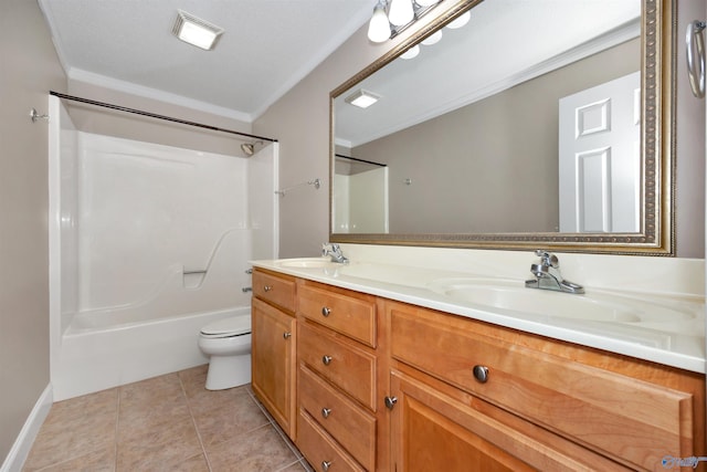 22656 Riviera Dr, Athens, AL 35613 - full bath featuring double vanity,  shower combination, toilet, ornamental molding, and tile patterned floors