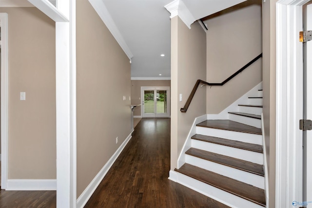 22656 Riviera Dr, Athens, AL 35613 - staircase featuring wood finished floors, ornamental molding, baseboards, and recessed lighting