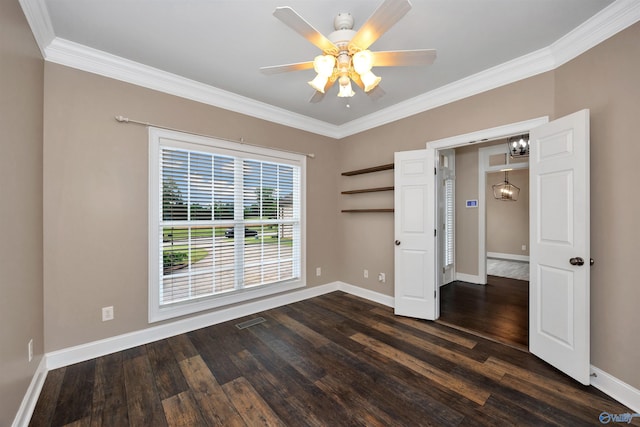 22656 Riviera Dr, Athens, AL 35613 - unfurnished bedroom featuring ornamental molding, dark wood-type flooring, baseboards, a chandelier, and ceiling fan