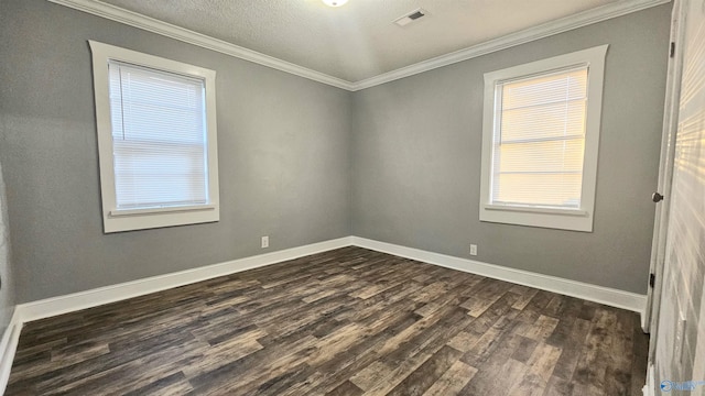 unfurnished room featuring ornamental molding, a textured ceiling, and dark hardwood / wood-style floors