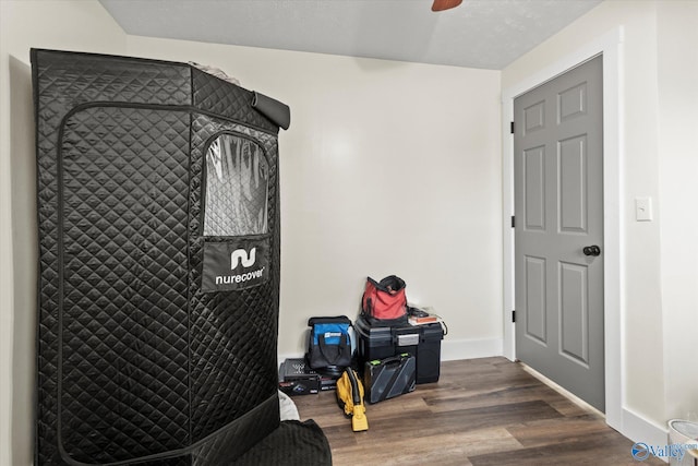 interior space with ceiling fan, baseboards, and wood finished floors