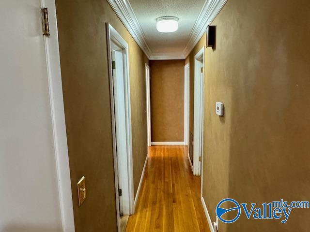 hall with crown molding, a textured ceiling, and light wood-type flooring