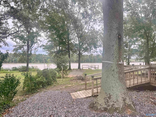 view of property's community featuring a deck with water view