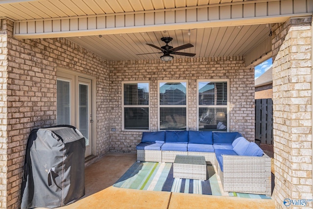 view of patio featuring an outdoor living space, grilling area, and ceiling fan