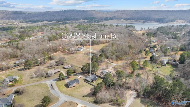 birds eye view of property featuring a water view and a view of trees