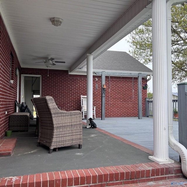 view of patio with a porch and ceiling fan