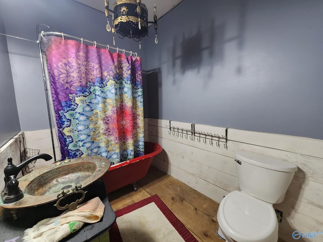 full bath with a sink, a shower with shower curtain, wood finished floors, and toilet