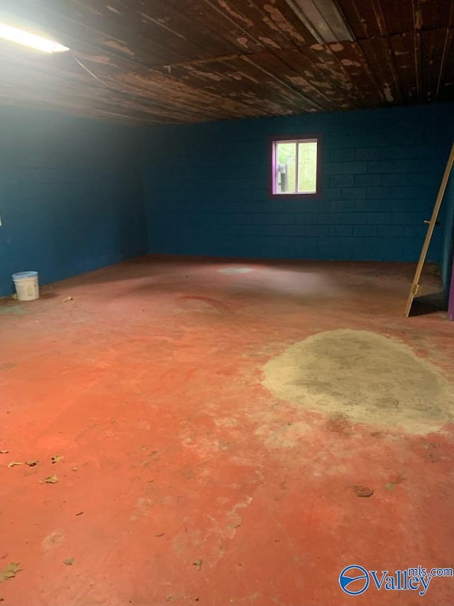 basement with concrete block wall and wood ceiling