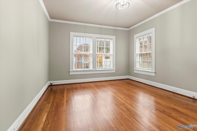 empty room featuring wood-type flooring and ornamental molding