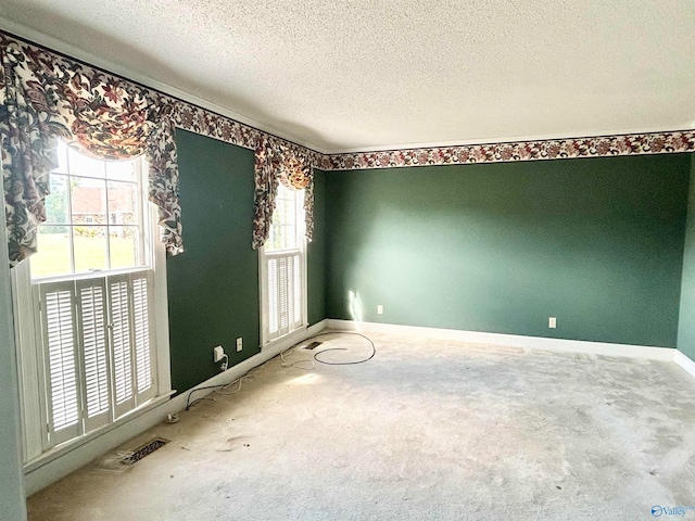 carpeted spare room featuring a textured ceiling