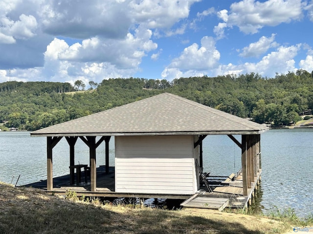 view of dock with a water view, a view of trees, and boat lift