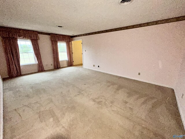 unfurnished room featuring visible vents, carpet flooring, a textured ceiling, and baseboards