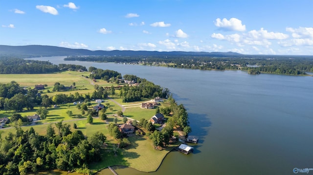 birds eye view of property featuring a water and mountain view