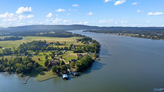 drone / aerial view featuring a water and mountain view