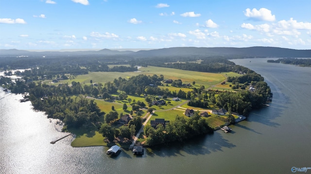 birds eye view of property featuring a water and mountain view