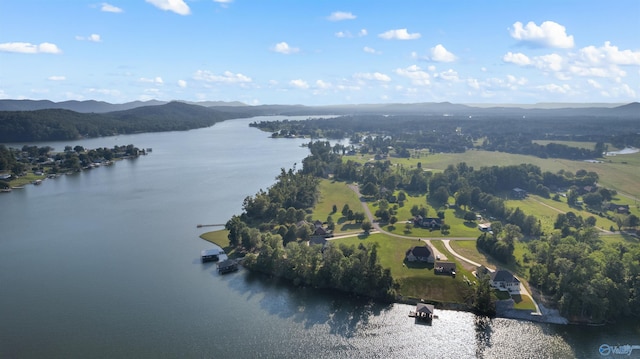 drone / aerial view with a water and mountain view