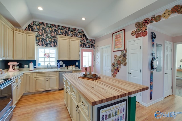 kitchen featuring a kitchen island, sink, lofted ceiling, and stainless steel appliances